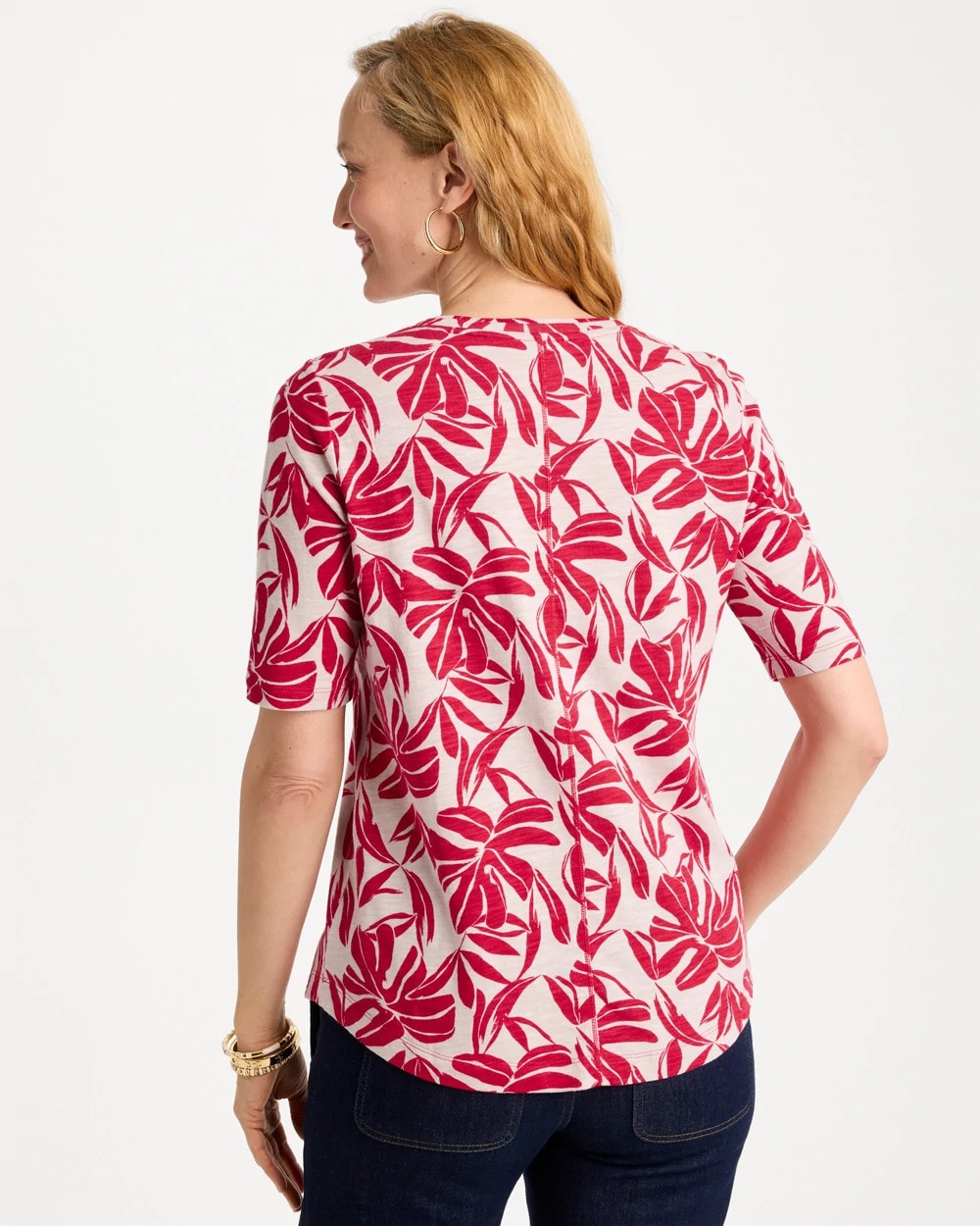 Chico's | Printed Cotton Slub V-Neck Tee/ Cherry Lush