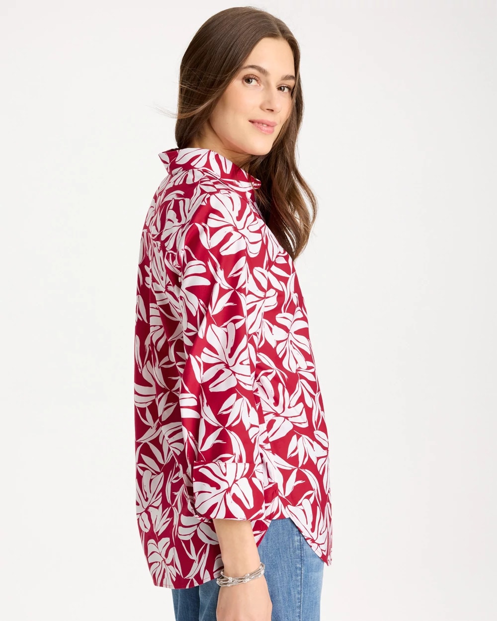 Chico's | No Iron™ Stretch Palm Print Shirt/ Cherry Lush