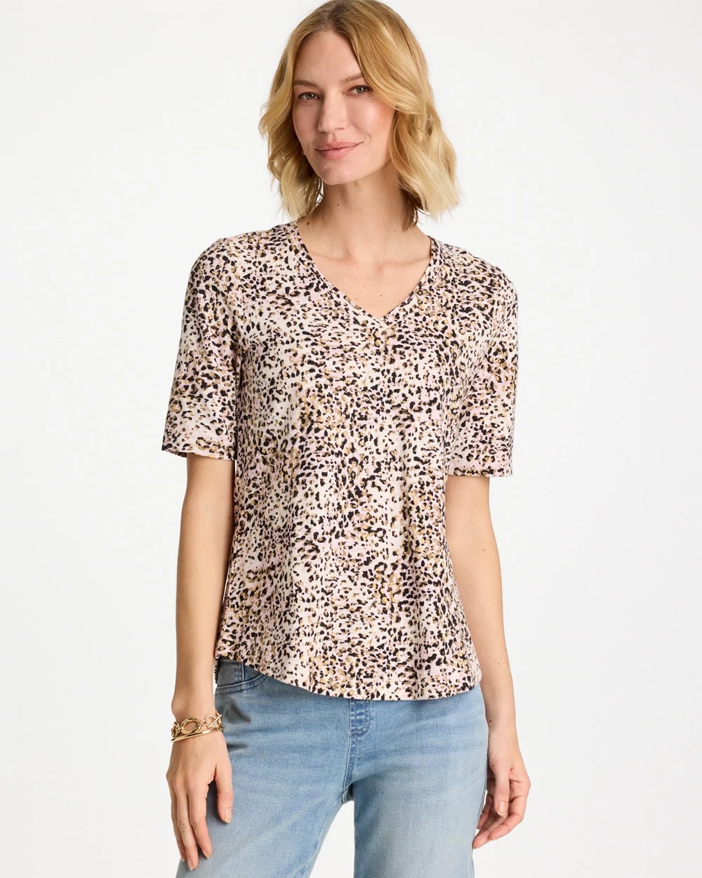 Chico's | Printed Cotton Slub V-Neck Tee/ Cattail Brown
