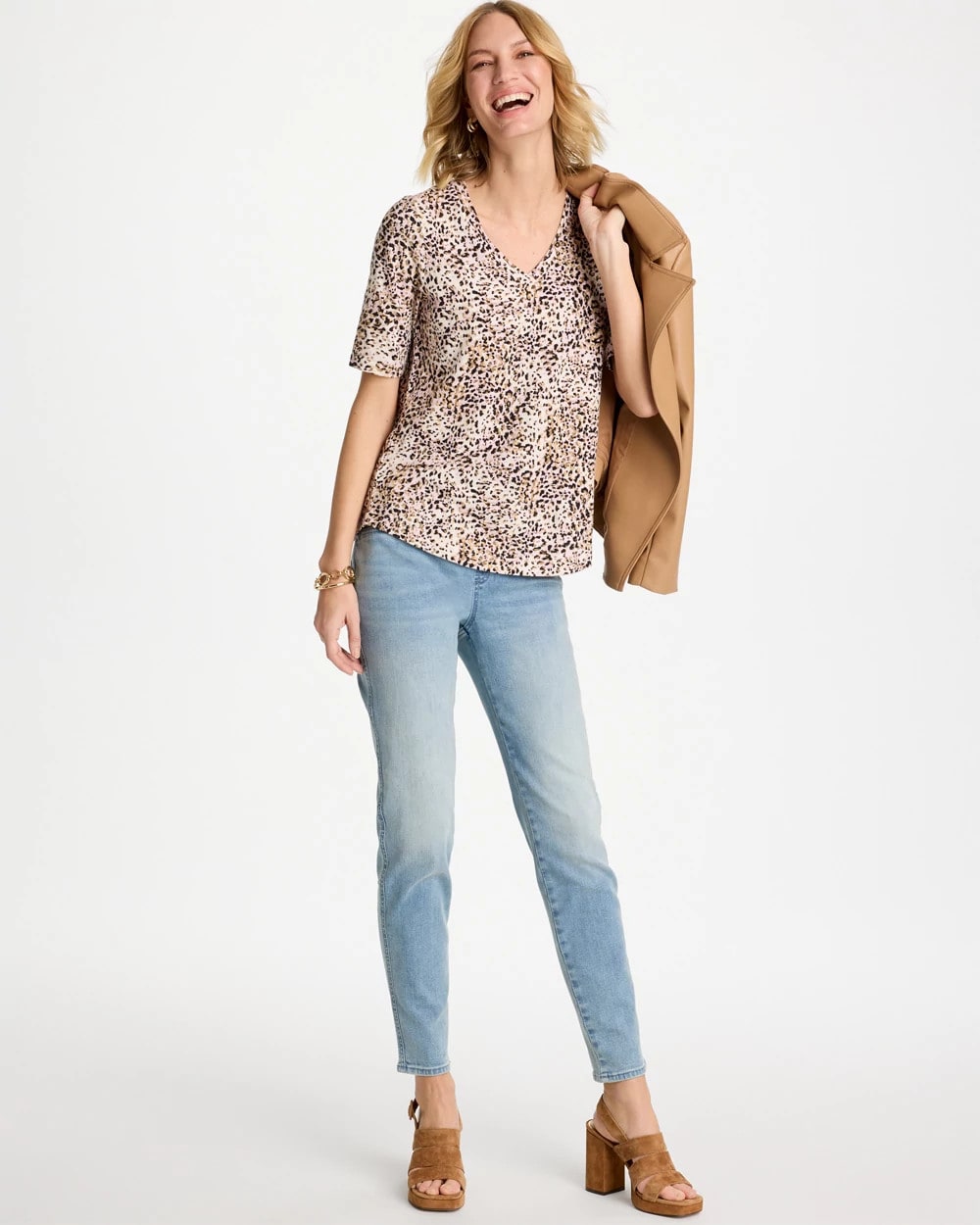 Chico's | Printed Cotton Slub V-Neck Tee/ Cattail Brown
