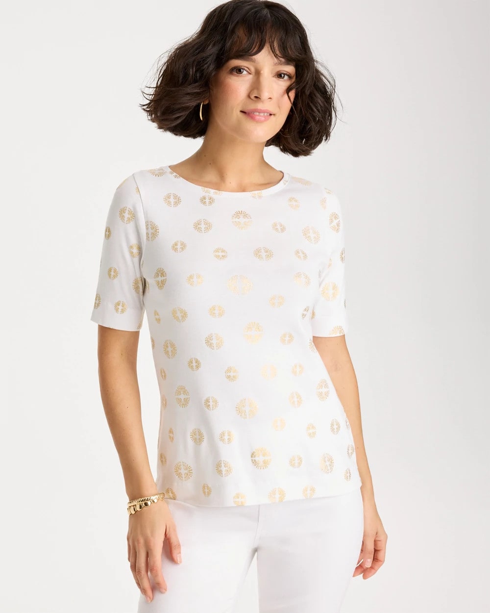 Chico's | Stamped Pima Elbow Sleeve Tee/ Alabaster