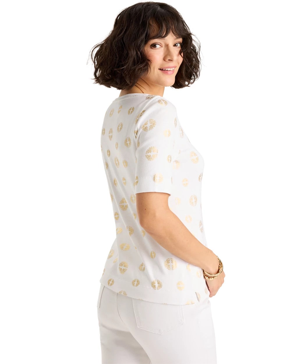 Chico's | Stamped Pima Elbow Sleeve Tee/ Alabaster