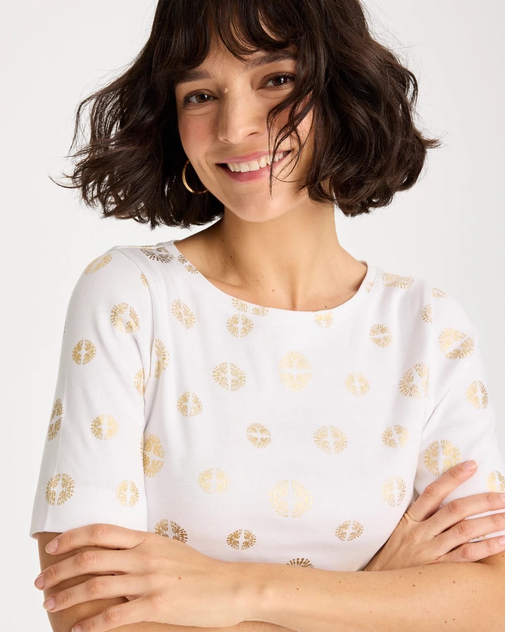 Chico's | Stamped Pima Elbow Sleeve Tee/ Alabaster
