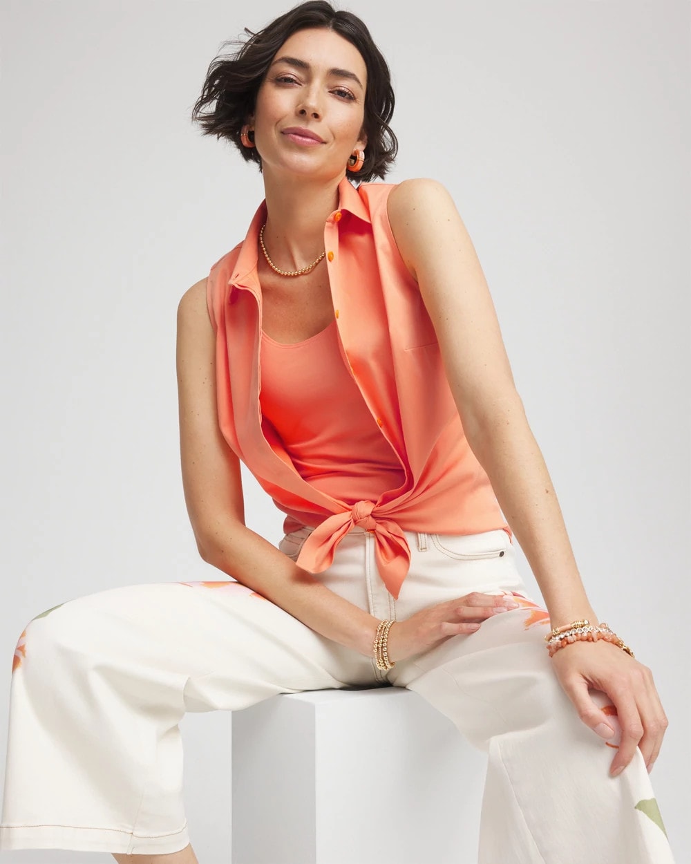 Chico's | No Iron™ Sleeveless Sateen-Stretch Shirt/ Sunset Peach
