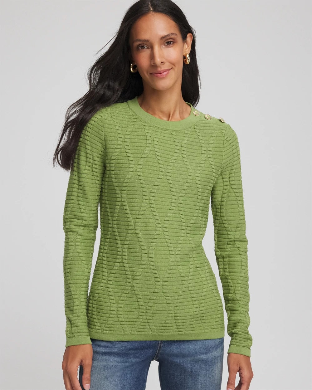 Chico's | Button Shoulder Crewneck Pullover/ Green Fig