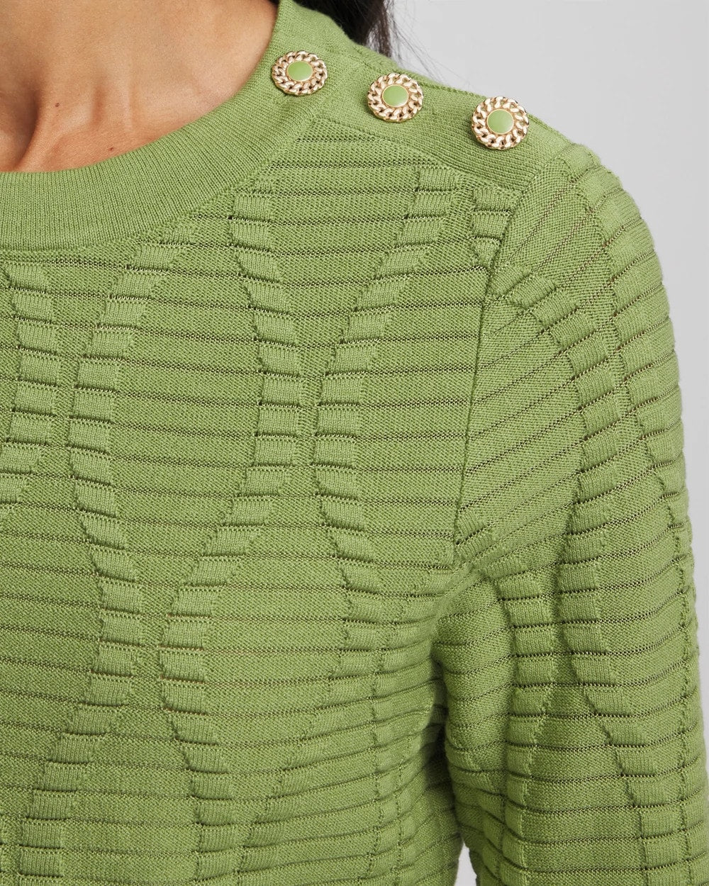 Chico's | Button Shoulder Crewneck Pullover/ Green Fig