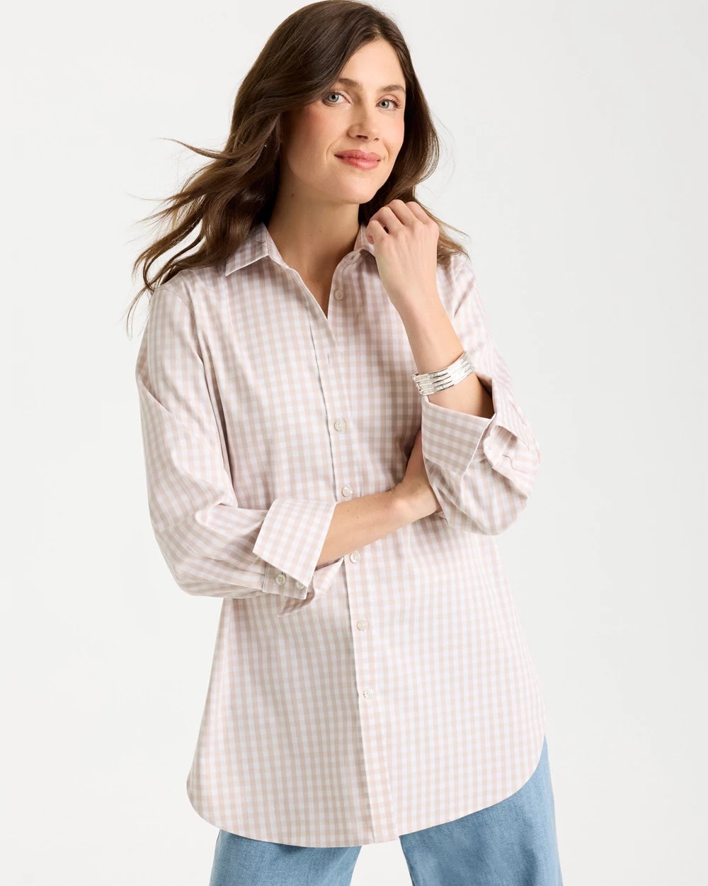 Chico's | No Iron™ Stretch Neutral Gingham Shirt/ Smokey Taupe
