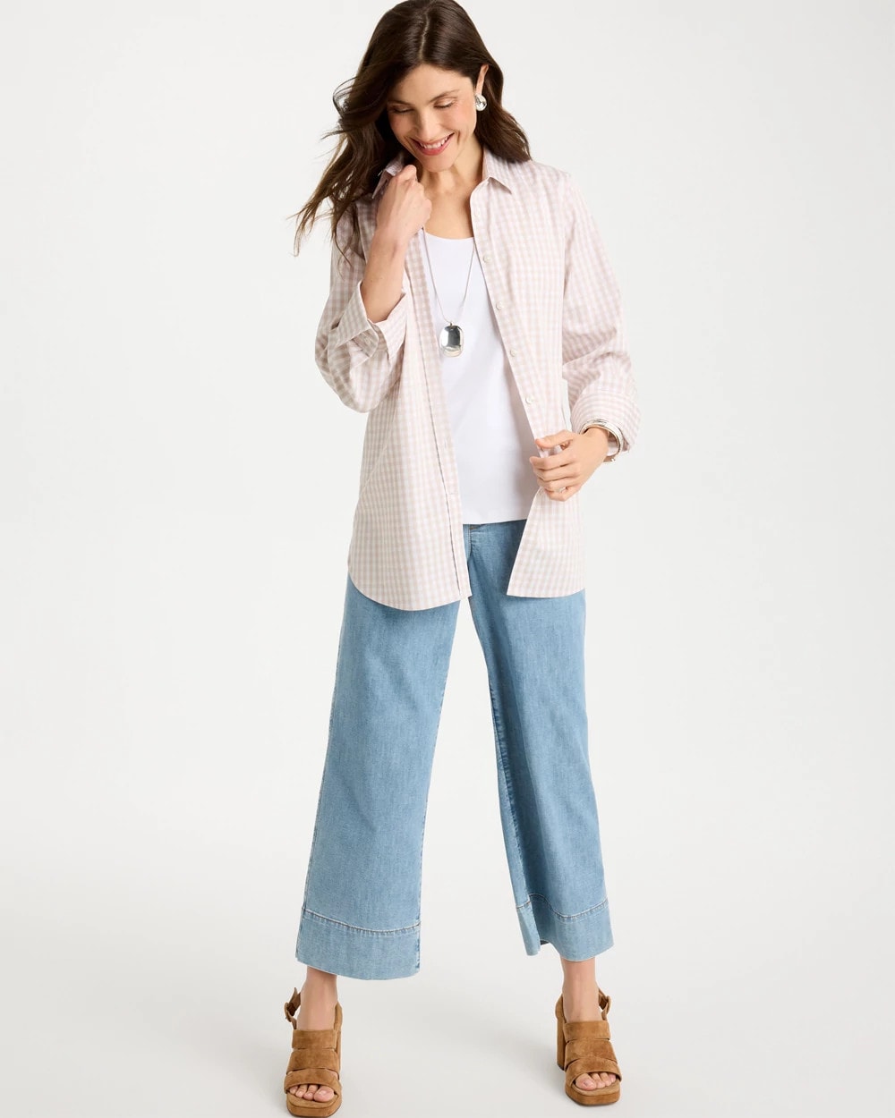 Chico's | No Iron™ Stretch Neutral Gingham Shirt/ Smokey Taupe