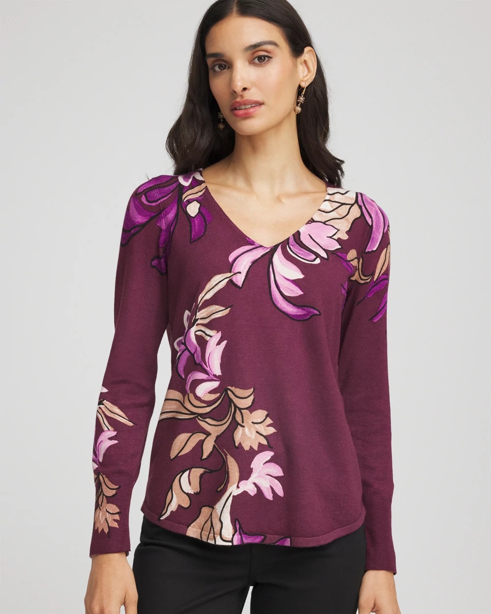 Chico's | Ella V-Neck Artisanal Pullover Sweater/ Deep Chianti