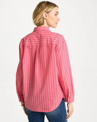 Chico's | Cotton Voile Collared Striped Shirt/ Calypso Coral