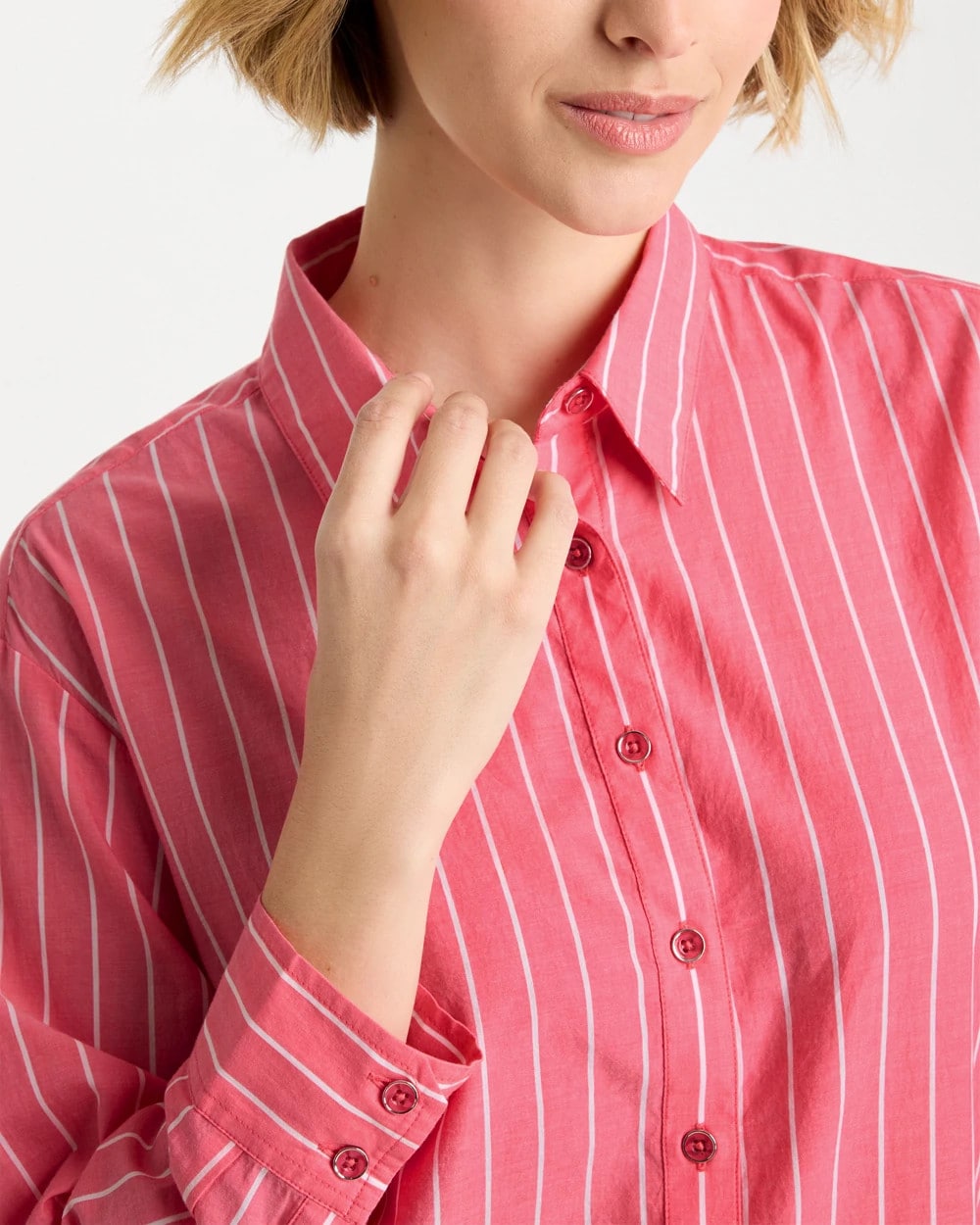 Chico's | Cotton Voile Collared Striped Shirt/ Calypso Coral
