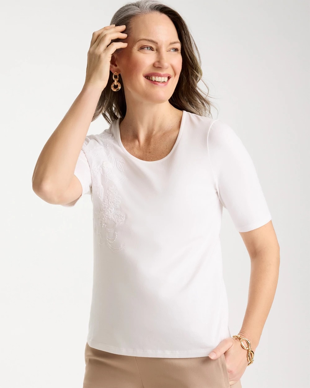 Chico's | Sequin Embroidered Floral Tee/ Alabaster