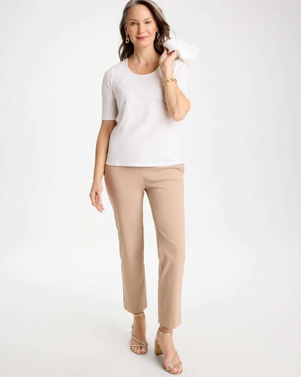 Chico's | Sequin Embroidered Floral Tee/ Alabaster