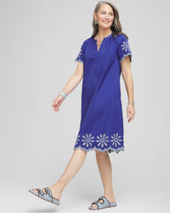 Chico's | Embroidered Poplin Popover Dress/ Blue Casa