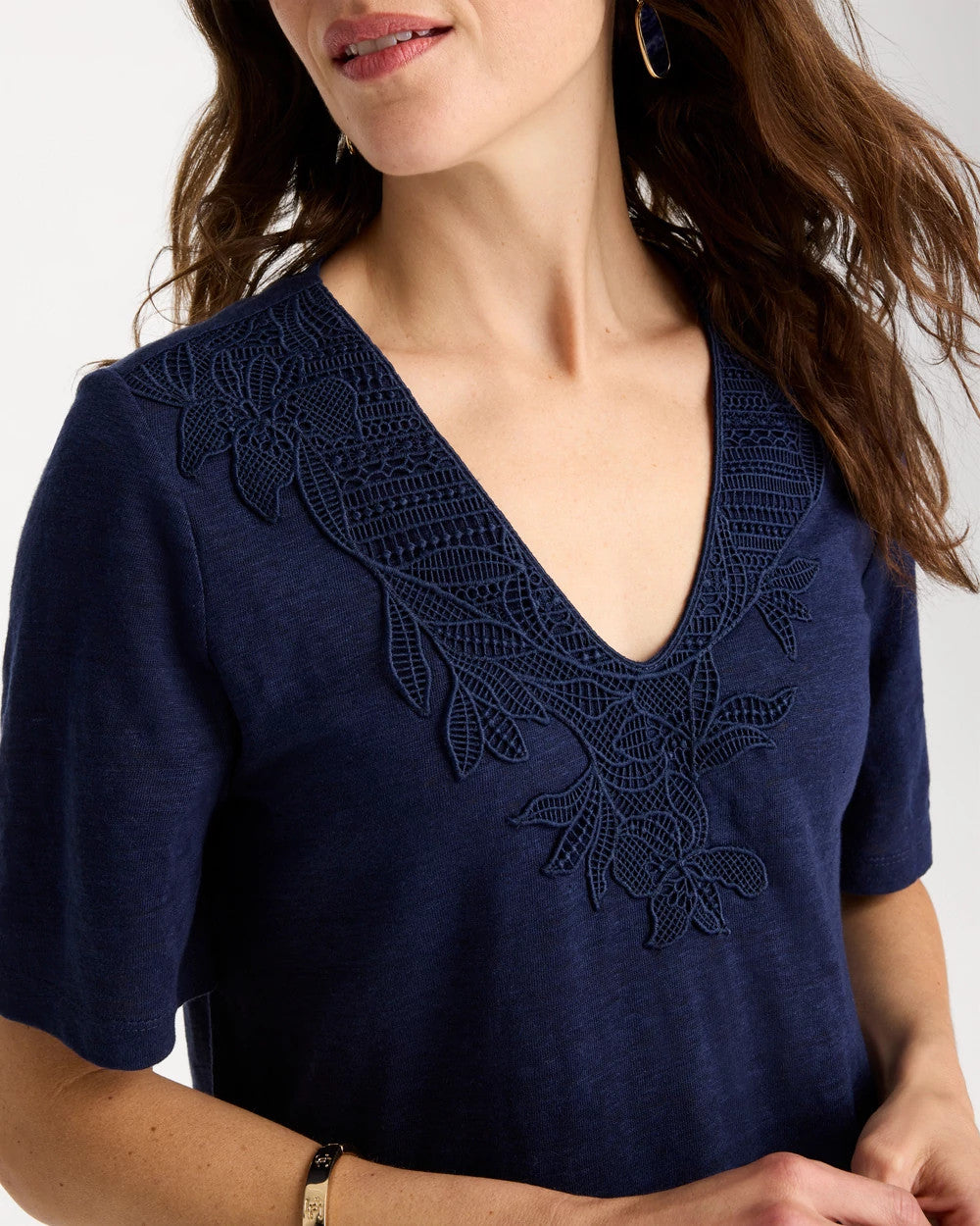 Chico's | Flora Lace V-Neck Tee/ Passport Blue
