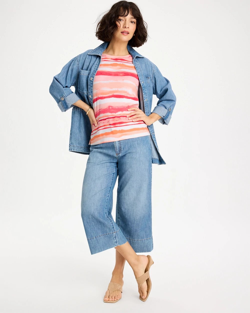 Chico's | Grotto Mist Pima Elbow Sleeve Tee/ Calypso Coral