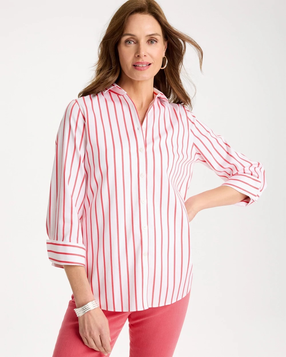 Chico's | No Iron™ Stretch Striped Shirt/ Calypso Coral