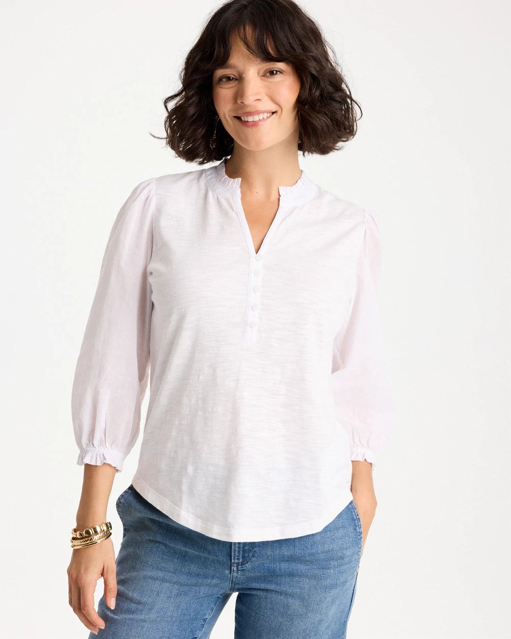 Chico's | Ruffled V-Neck 3/4 Sleeve Top/ Alabaster