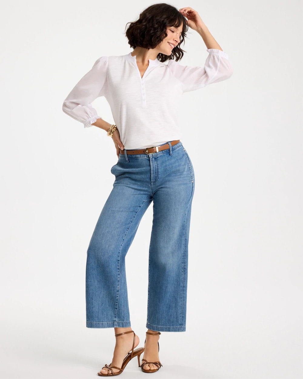 Chico's | Ruffled V-Neck 3/4 Sleeve Top/ Alabaster