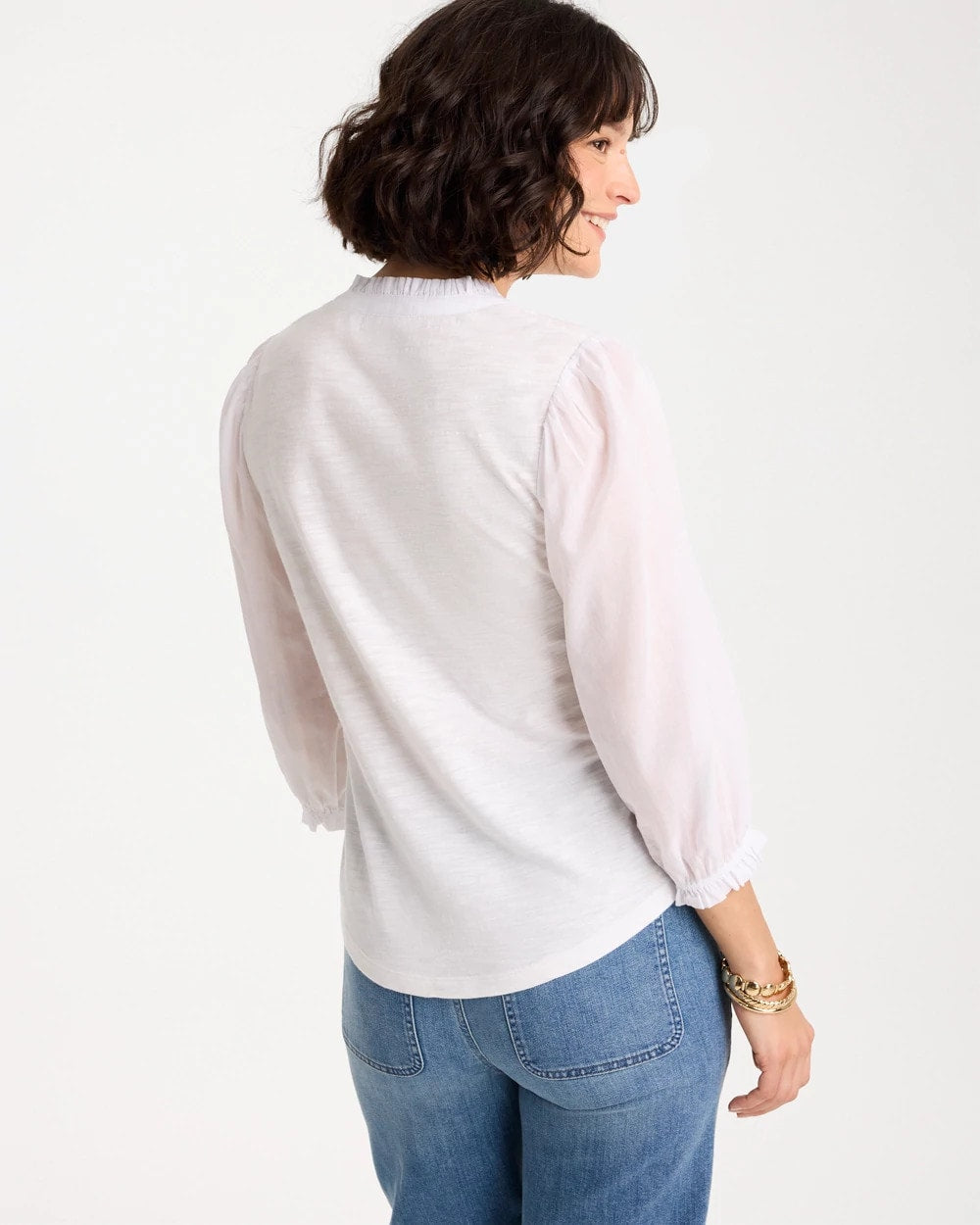 Chico's | Ruffled V-Neck 3/4 Sleeve Top/ Alabaster