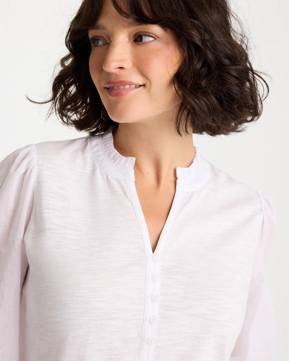 Chico's | Ruffled V-Neck 3/4 Sleeve Top/ Alabaster