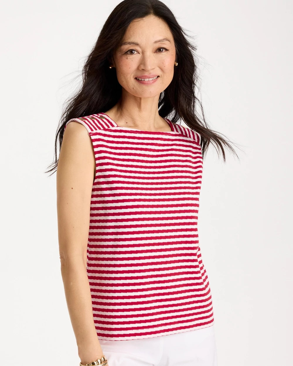 Chico's | Cotton Striped Button Tee/ Cherry Lush