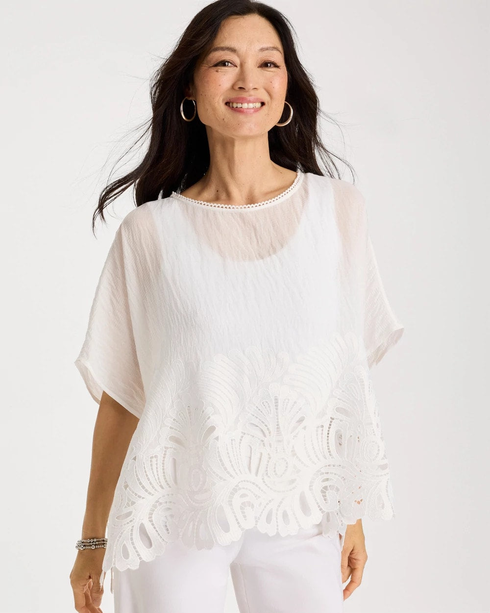Chico's | Crochet Lace Hem Poncho/ Alabaster