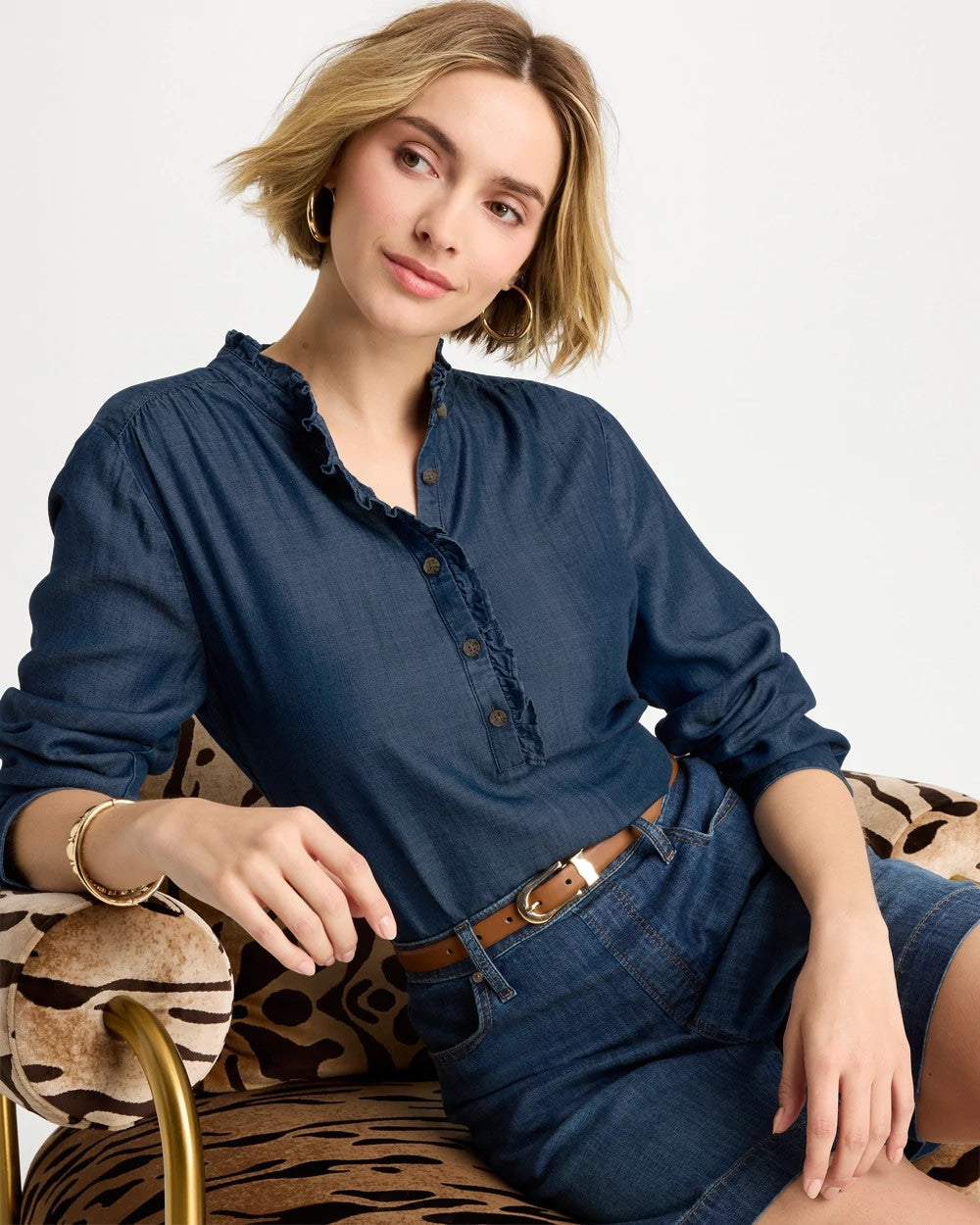 Chico's | Tencel Denim Ruffled Popover Shirt/ Solana Indigo