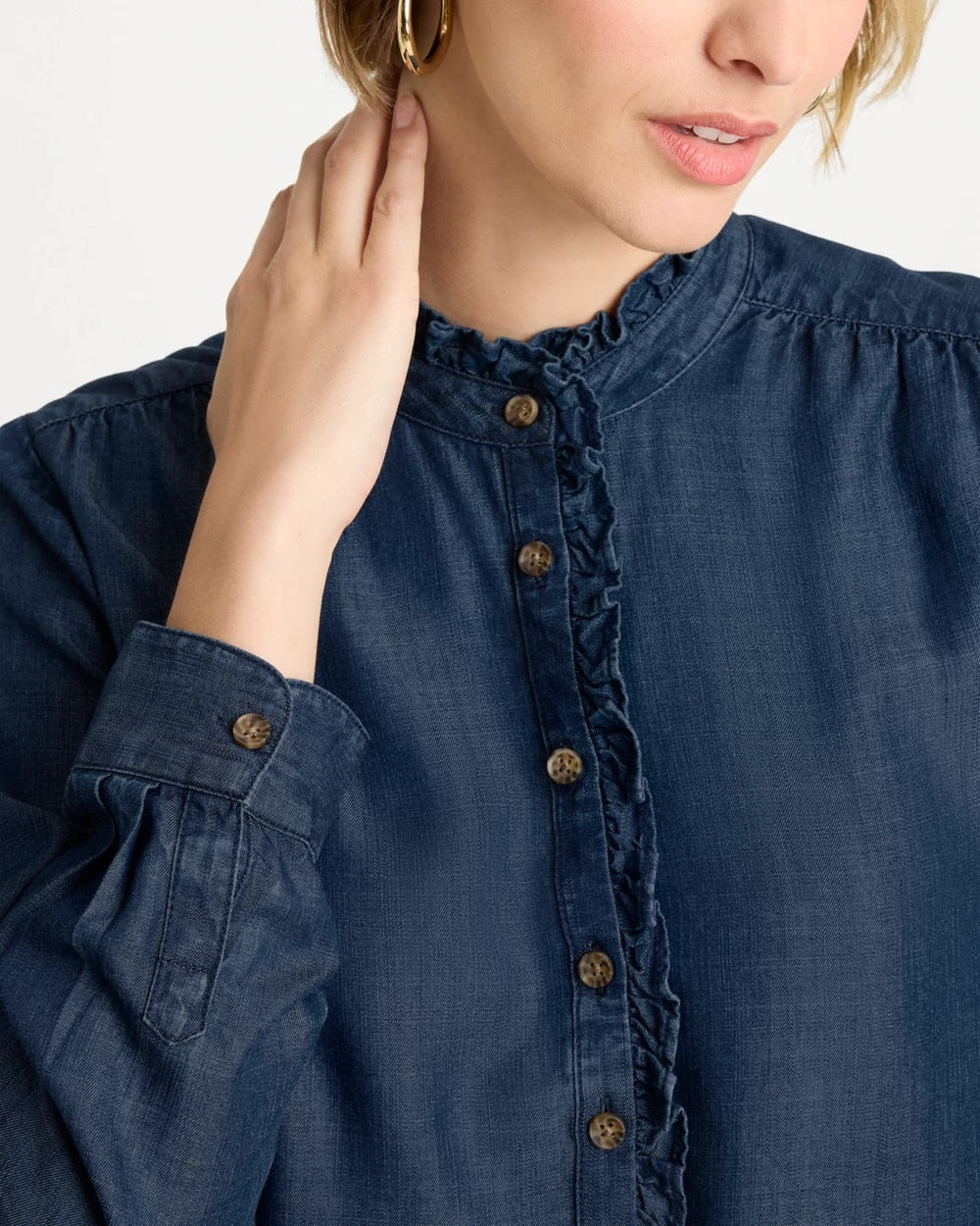 Chico's | Tencel Denim Ruffled Popover Shirt/ Solana Indigo