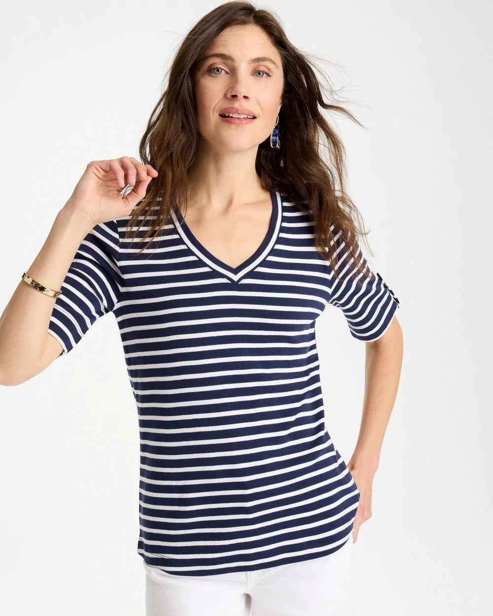 Chico's | Pima Striped Elbow Sleeve Tee/ Passport Blue