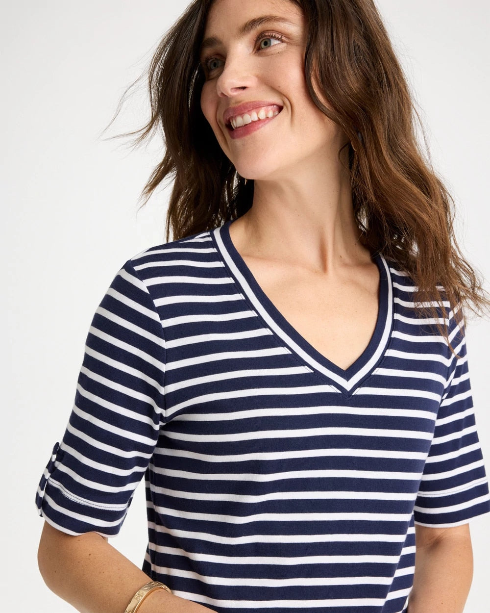 Chico's | Pima Striped Elbow Sleeve Tee/ Passport Blue