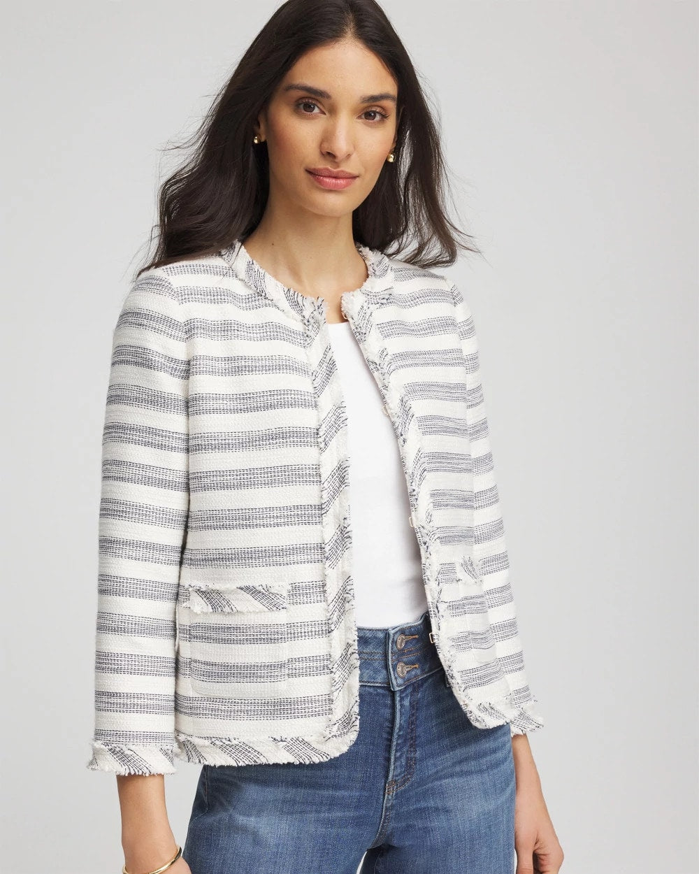 Chico's | Striped Tweed Collarless Box Jacket/ Ecru