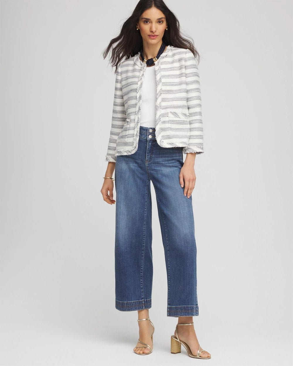 Chico's | Striped Tweed Collarless Box Jacket/ Ecru