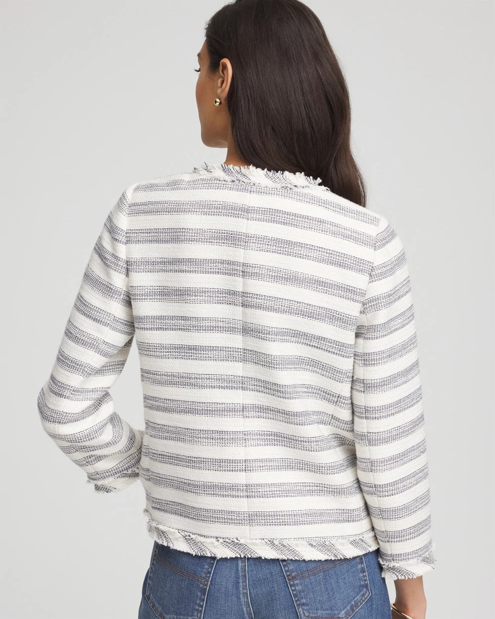 Chico's | Striped Tweed Collarless Box Jacket/ Ecru