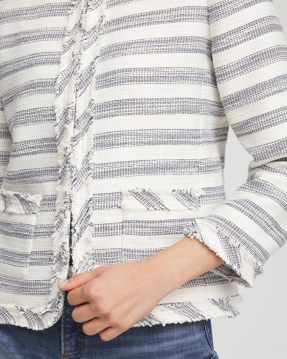 Chico's | Striped Tweed Collarless Box Jacket/ Ecru