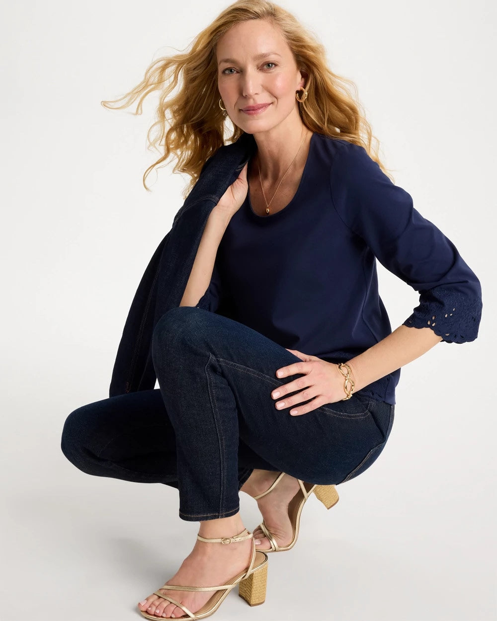 Chico's | Embroidered Hem Top/ Passport Blue