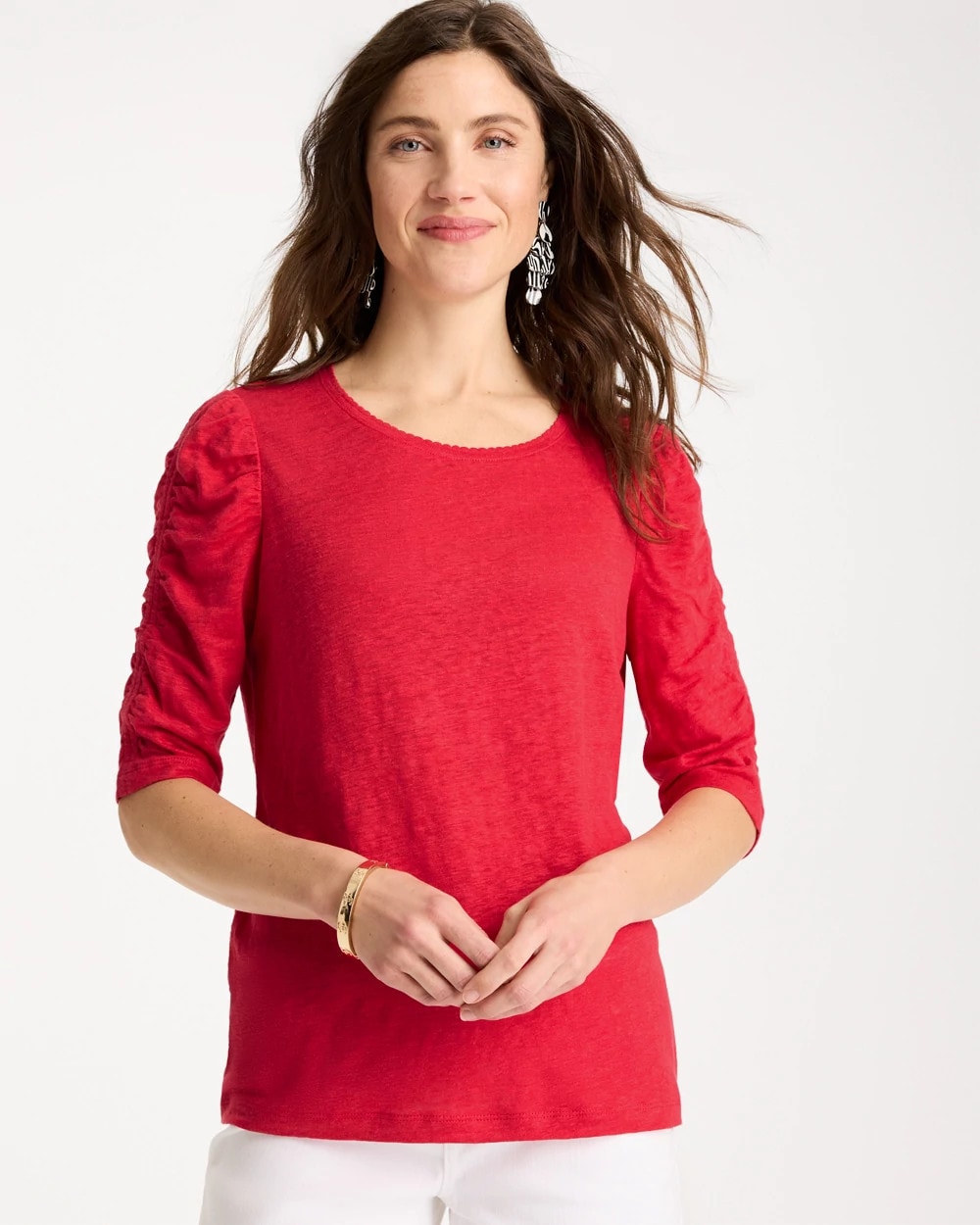 Chico's | Linen Ruched Sleeve Tee/ Cherry Lush