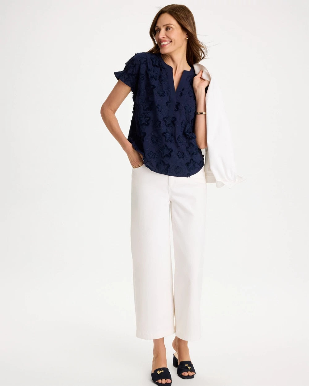 Chico's | Cotton Embroidered Americana Star Blouse/ Passport Blue