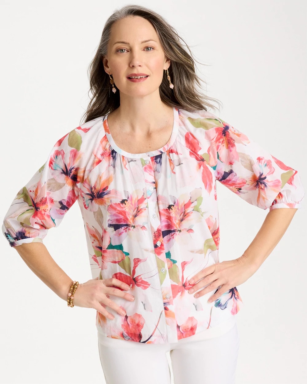 Chico's | Cotton Voile Croix Collage Blouse/ Calypso Coral