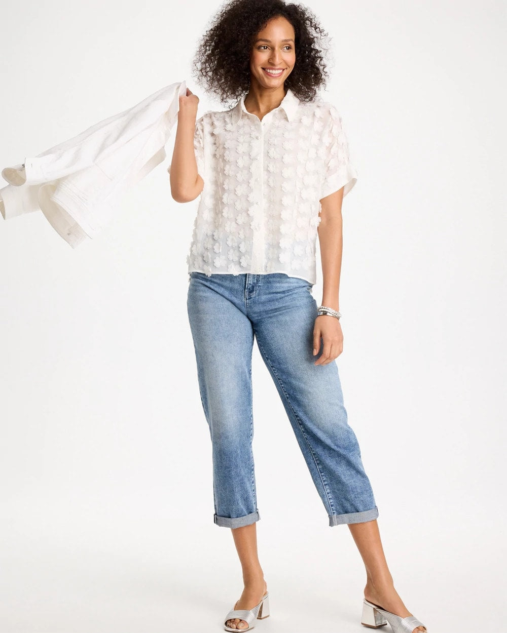 Chico's | 3D Floral Chiffon Camp Shirt/ Alabaster