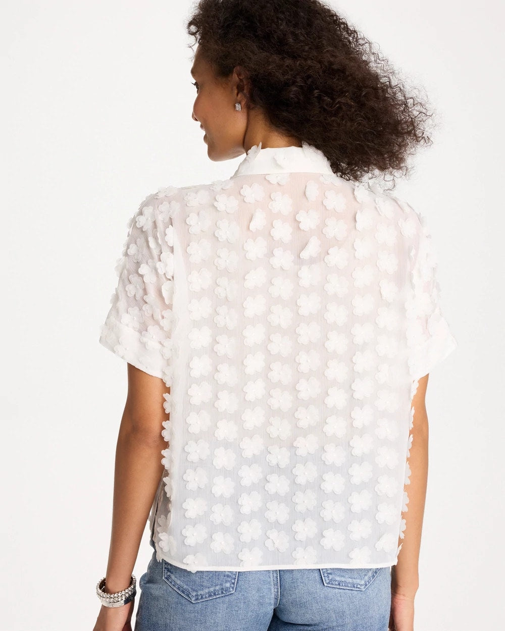 Chico's | 3D Floral Chiffon Camp Shirt/ Alabaster
