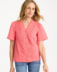 Chico's | Embroidered Button-Front Tee/ Calypso Coral