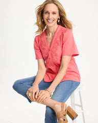 Chico's | Embroidered Button-Front Tee/ Calypso Coral