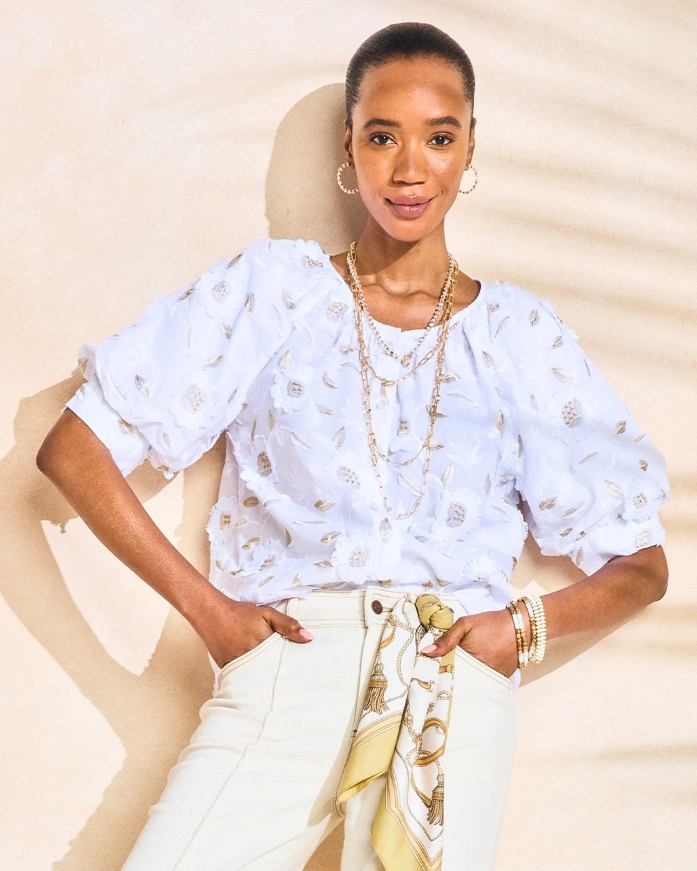 Chico's | Cotton Metallic Applique Embroidered Top/ Alabaster