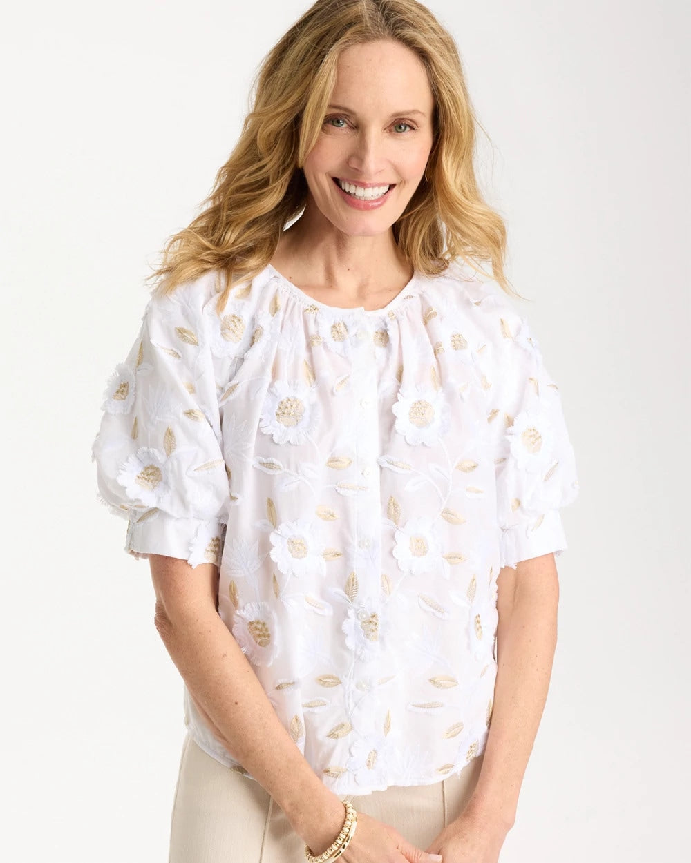 Chico's | Cotton Metallic Applique Embroidered Top/ Alabaster