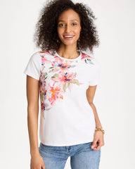 Chico's | Cotton Stretch Ethereal Floral Cap Sleeve Tee/ Calypso Coral
