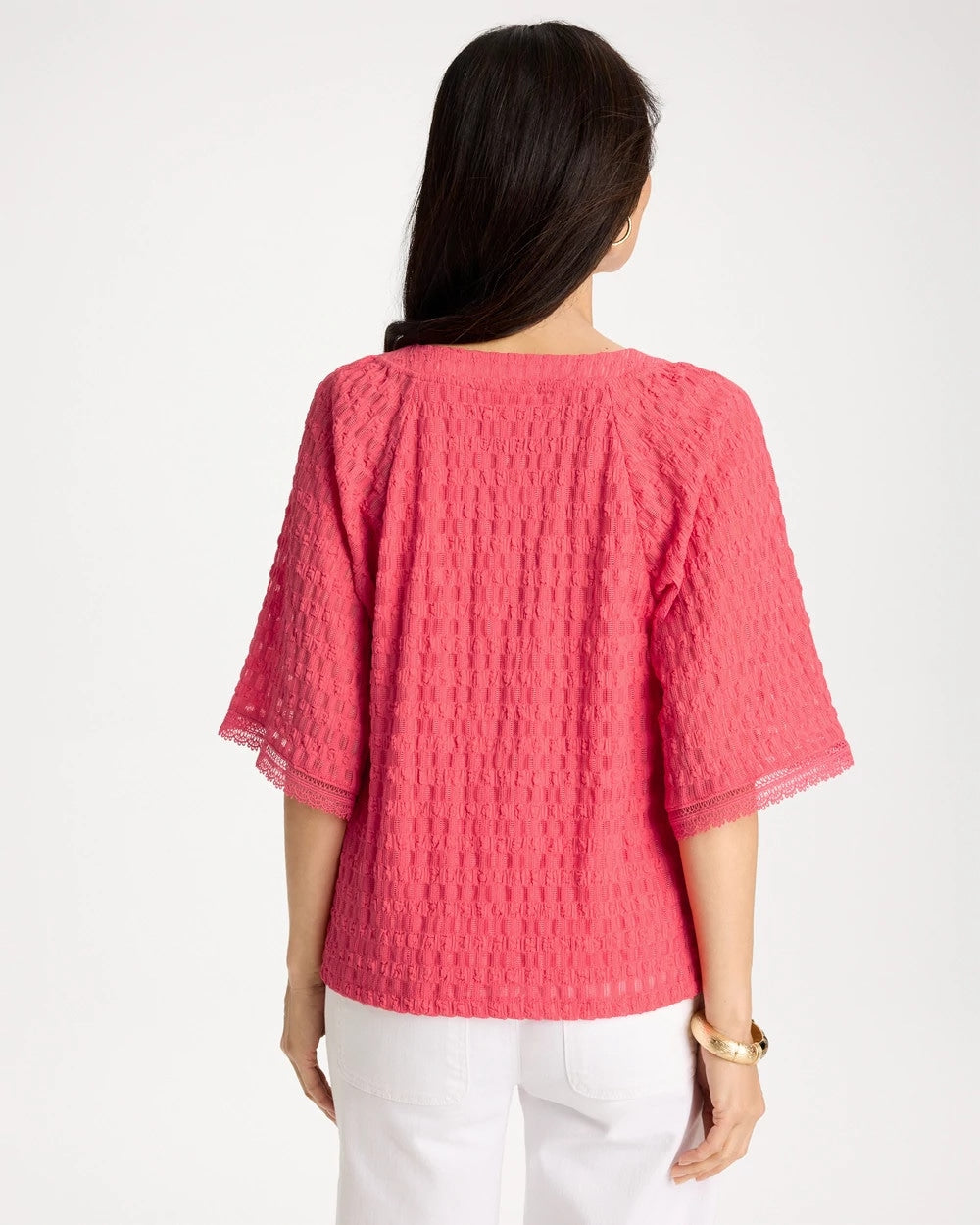 Chico's | Crinkle Lace Knit Raglan Tee/ Calypso Coral