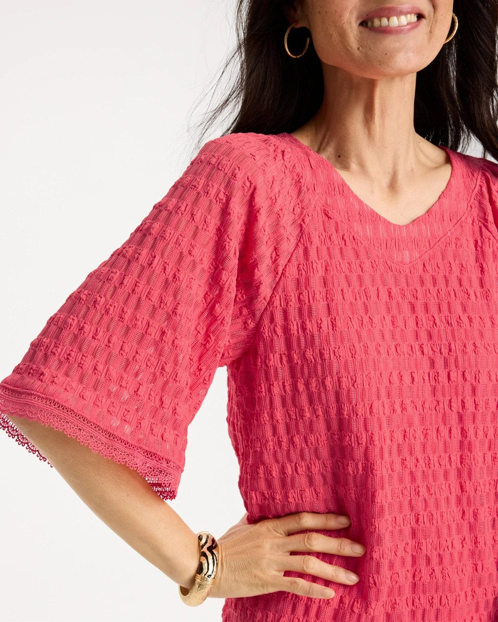 Chico's | Crinkle Lace Knit Raglan Tee/ Calypso Coral