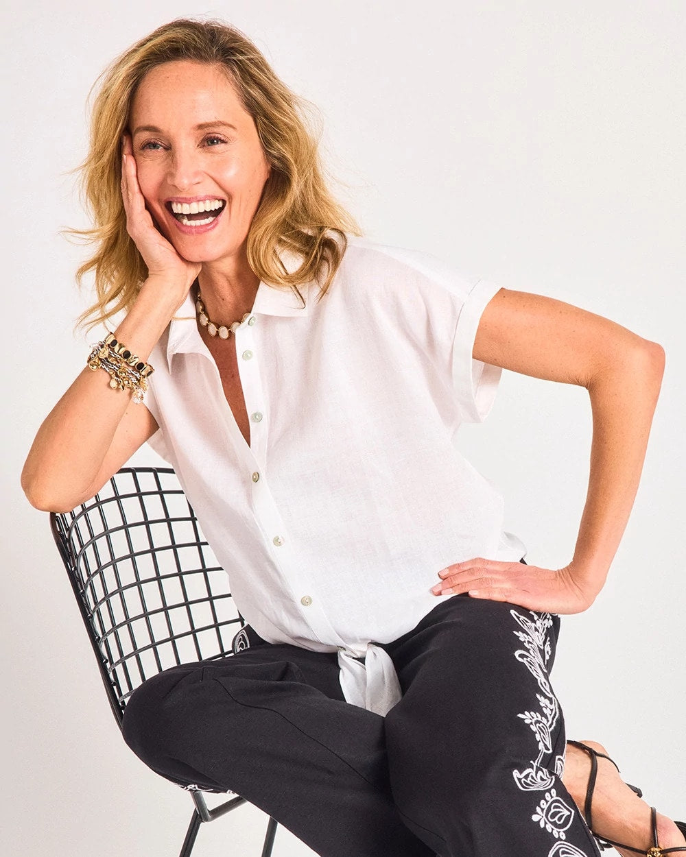 Chico's | No Iron™ Linen Tie-Front Cap Sleeve Shirt/ Optic White