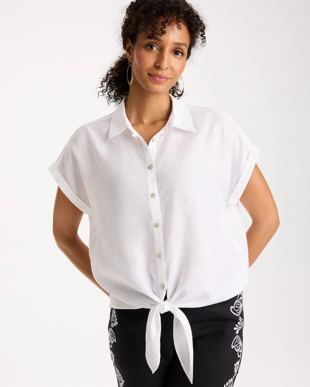 Chico's | No Iron™ Linen Tie-Front Cap Sleeve Shirt/ Optic White